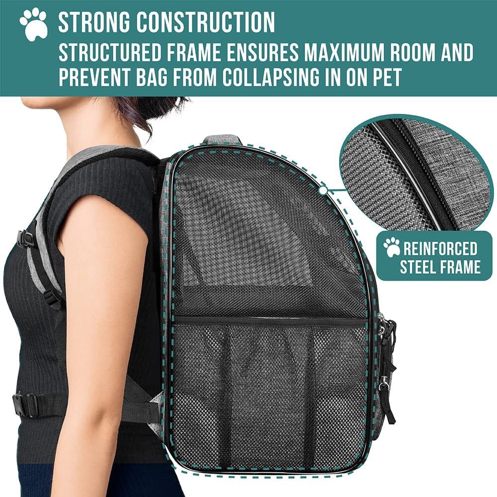 Deluxe Pet Carrier Backpack for Small Cats and Dogs, Puppies | Ventilated Design, Two-Sided Entry, Safety Features and Cushion Back Support | for Travel, Hiking, Outdoor Use (Heather Gray) - PETGS