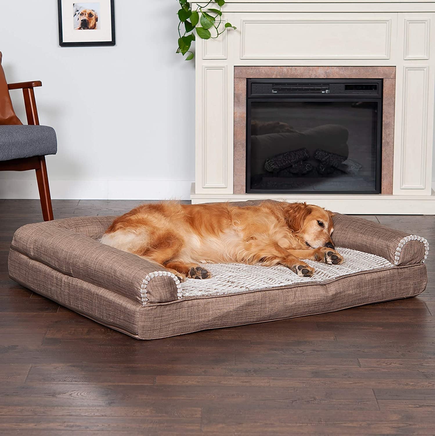 Furhaven Orthopedic Dog Bed for Large Dogs W/ Removable Bolsters & Washable Cover, for Dogs up to 95 Lbs - Luxe Faux Fur & Performance Linen Sofa - Woodsmoke, Jumbo/Xl - PETGS