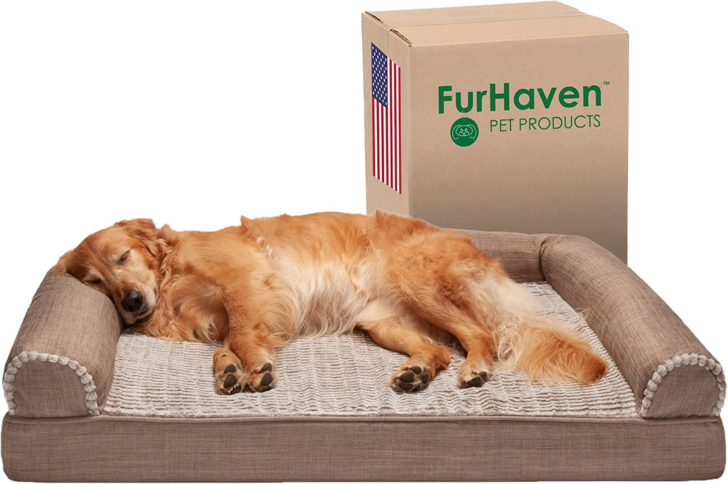 Furhaven Orthopedic Dog Bed for Large Dogs W/ Removable Bolsters & Washable Cover, for Dogs up to 95 Lbs - Luxe Faux Fur & Performance Linen Sofa - Woodsmoke, Jumbo/Xl - PETGS