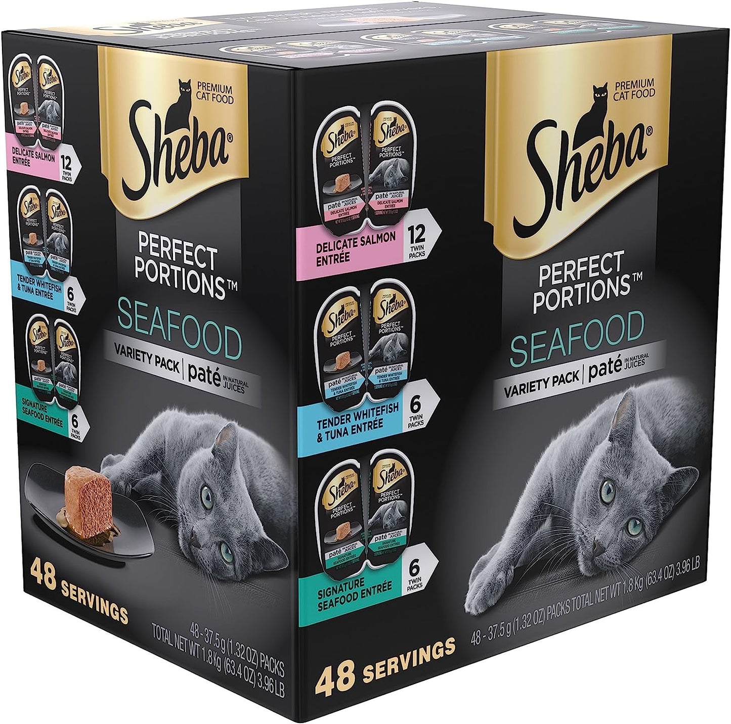 SHEBA PERFECT PORTIONS Paté Adult Wet Cat Food Trays (24 Count, 48 Servings), Signature Seafood Entrée, Easy Peel Twin-Pack Trays - PETGS