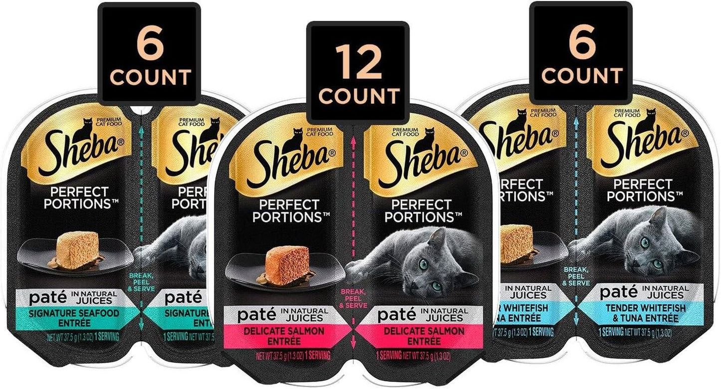 SHEBA PERFECT PORTIONS Paté Adult Wet Cat Food Trays (24 Count, 48 Servings), Signature Seafood Entrée, Easy Peel Twin-Pack Trays - PETGS